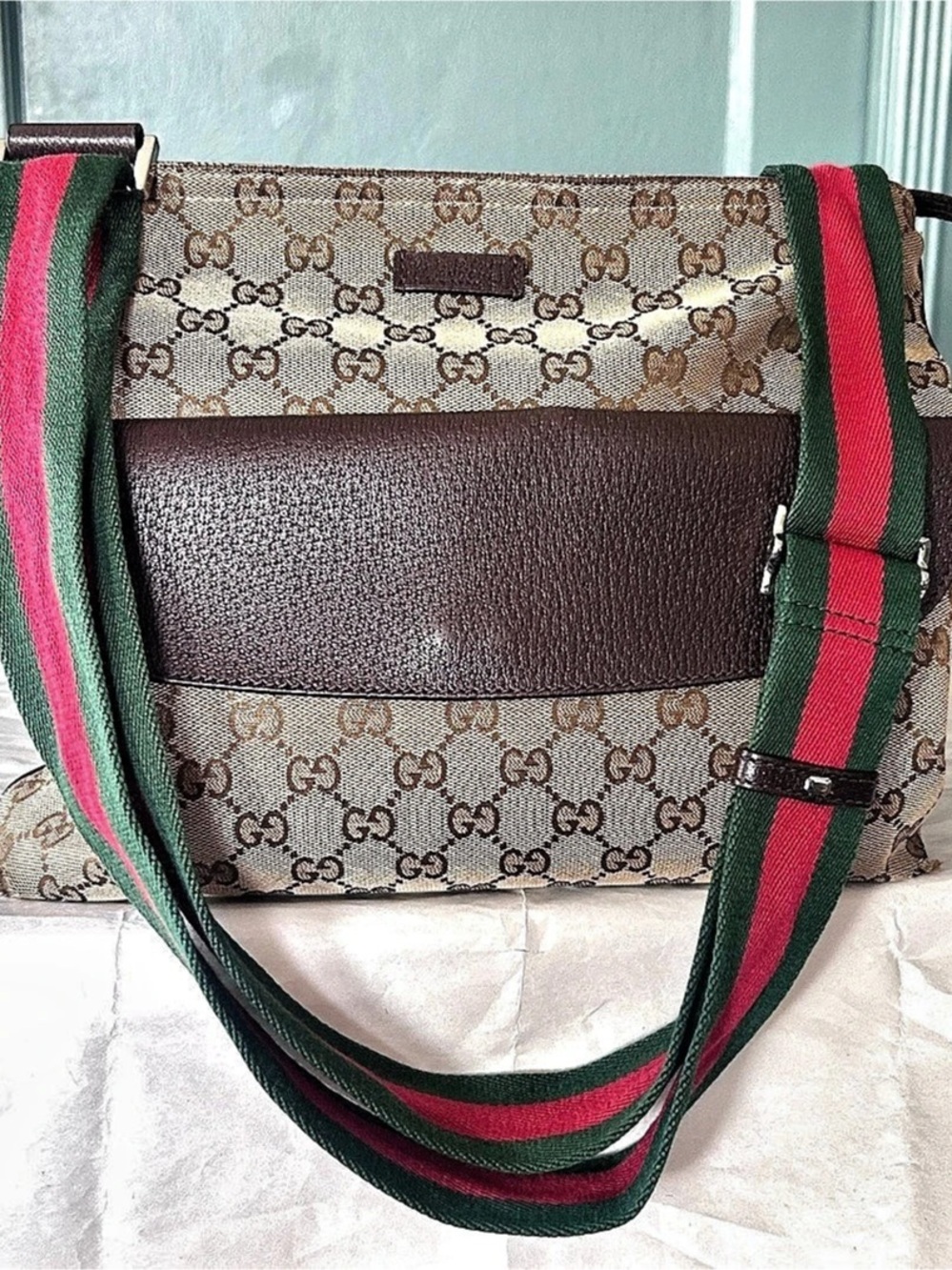 Gucci GG Monogram Signature Web Small Messenger Crossbody Bag in Brown